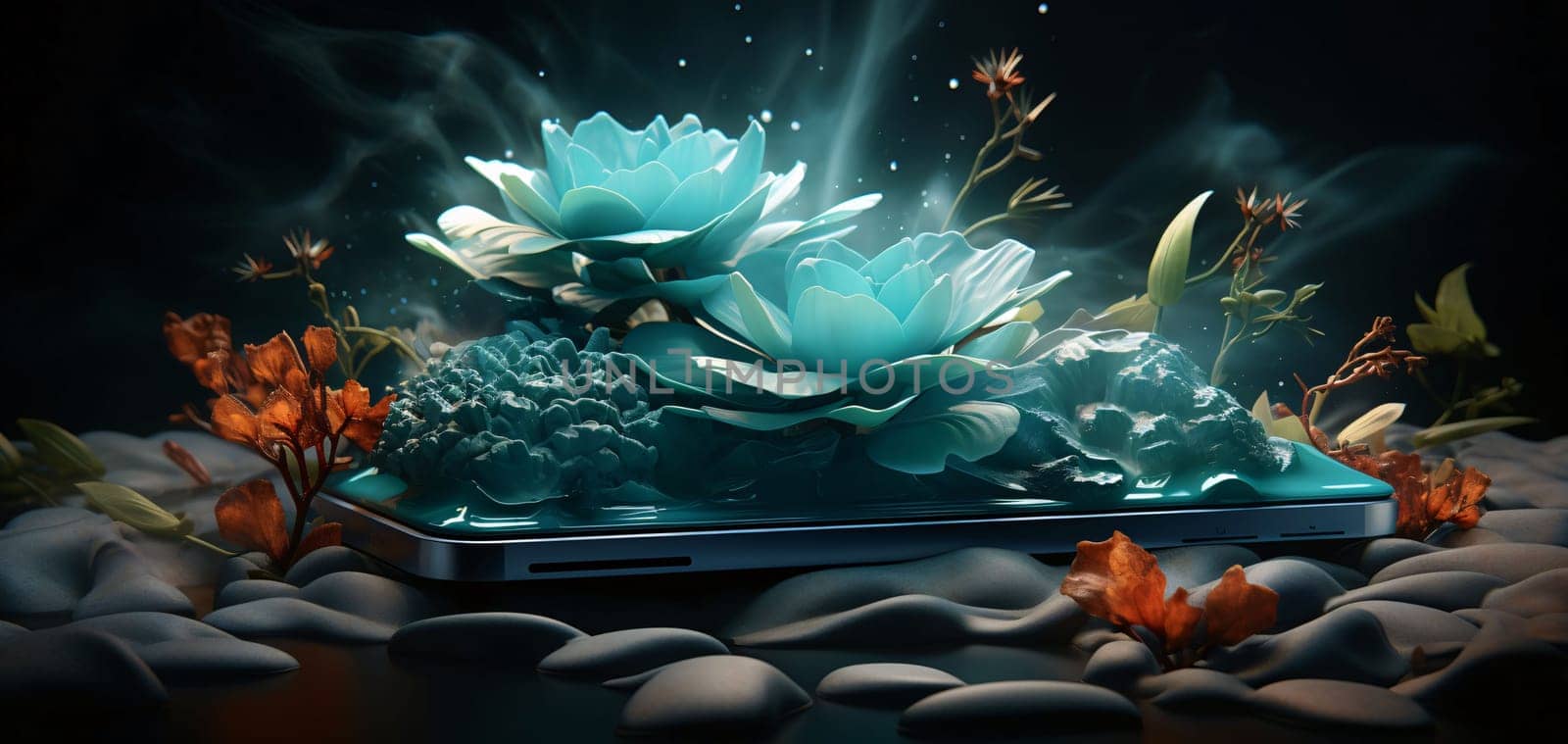 Smartphone with blue water lily flower on dark background. 3D rendering by ThemesS