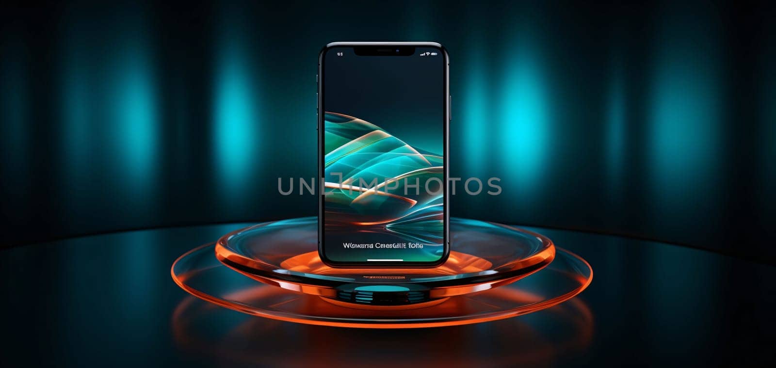 Smartphone with abstract hologram on a dark background. 3d rendering by ThemesS