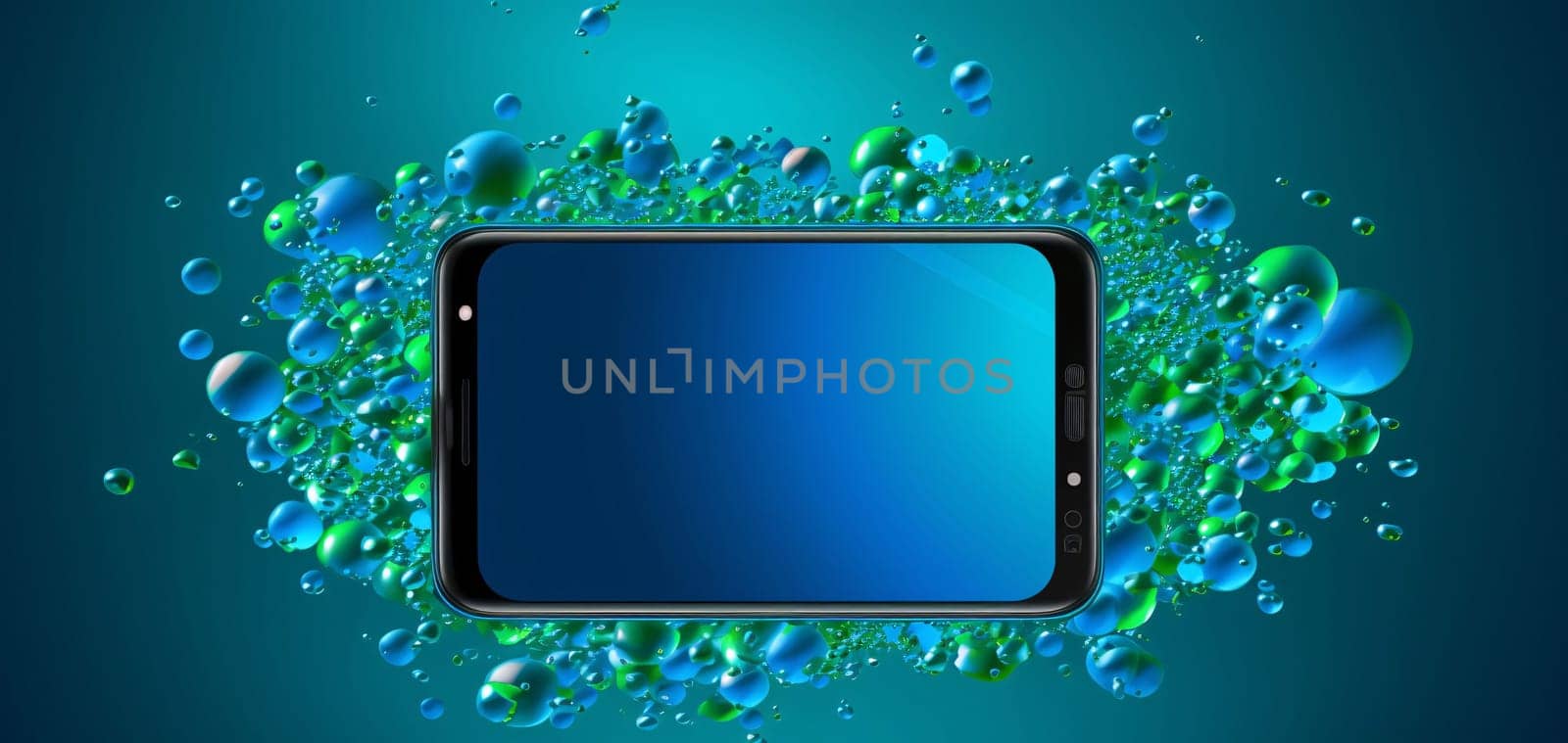 Smartphone screen: Smartphone with a blue screen on a background of water drops.