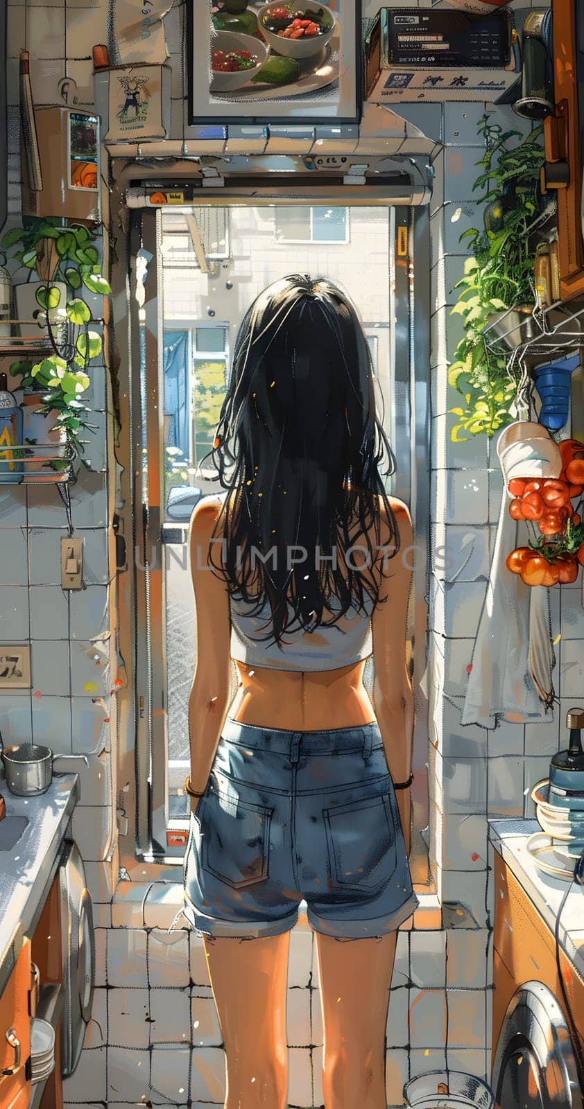 Woman in denim shorts and electric blue crop top gazes out window in kitchen by Nadtochiy