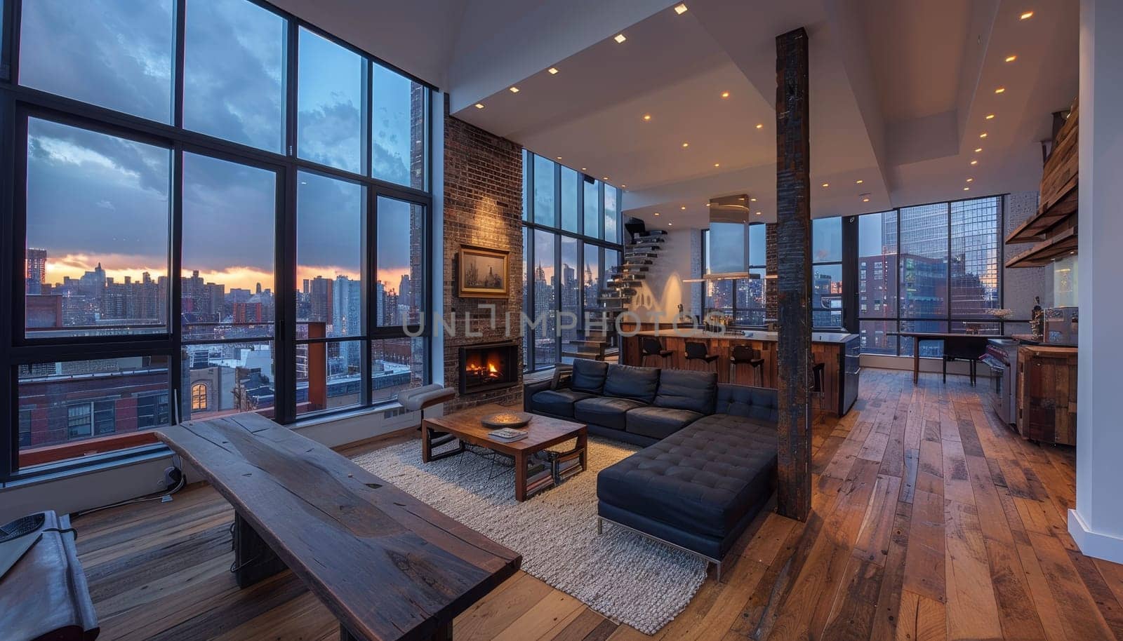 A large, modern living room with a view of the city by AI generated image.