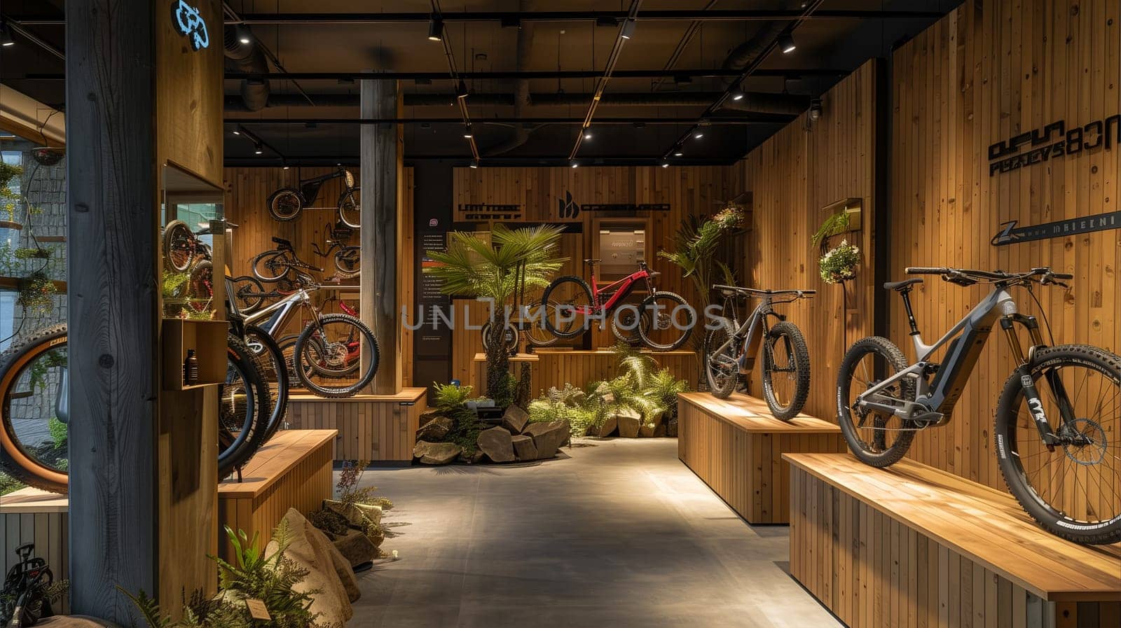 A bicycle shop filled with wooden shelves showcasing a variety of bicycles. Bikes of different styles and colors are neatly displayed in the shop.