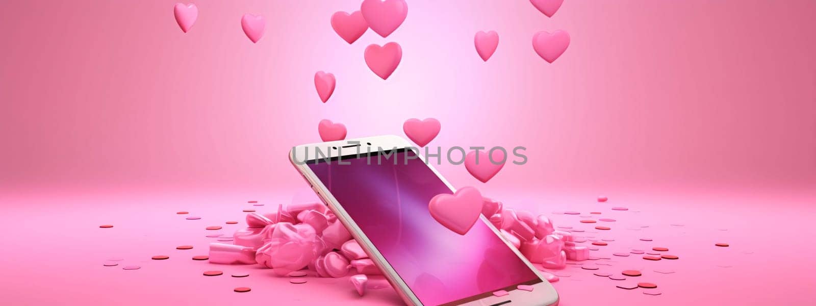 Smart phone with pink hearts on pink background. 3D rendering. by ThemesS