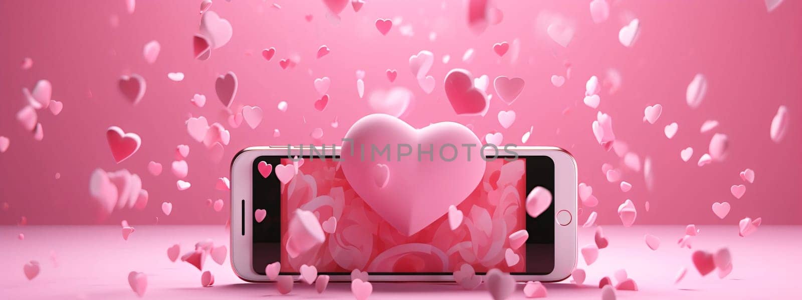 Smartphone screen: Smartphone with heart on pink background. 3D illustration. Valentine's day concept.