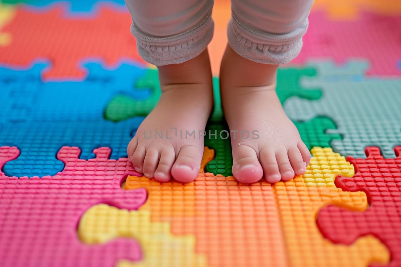 A childs bare feet standing on a vibrant and colorful jigsaw puzzle, with various puzzle pieces in different shapes and colors.