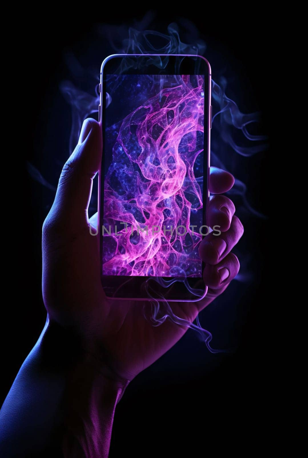Smartphone screen: Hand holding a smartphone with blue and pink smoke on a black background