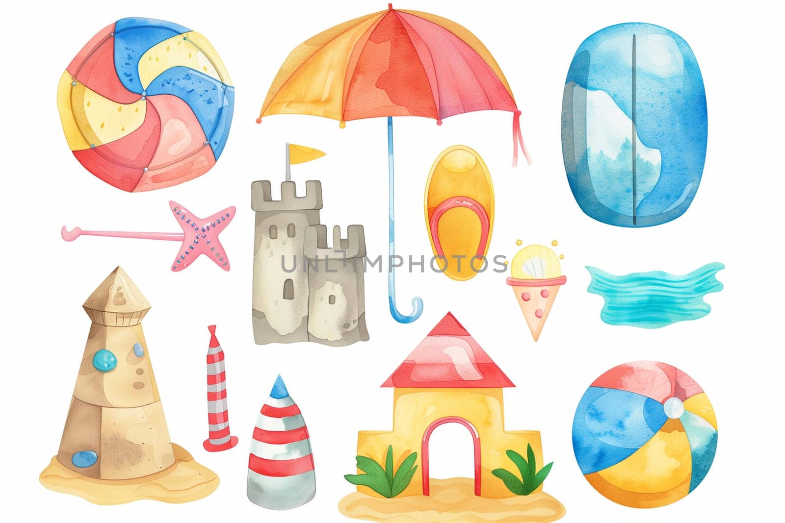 A watercolor illustration featuring umbrellas, sandcastles, and a starfish on a beach.