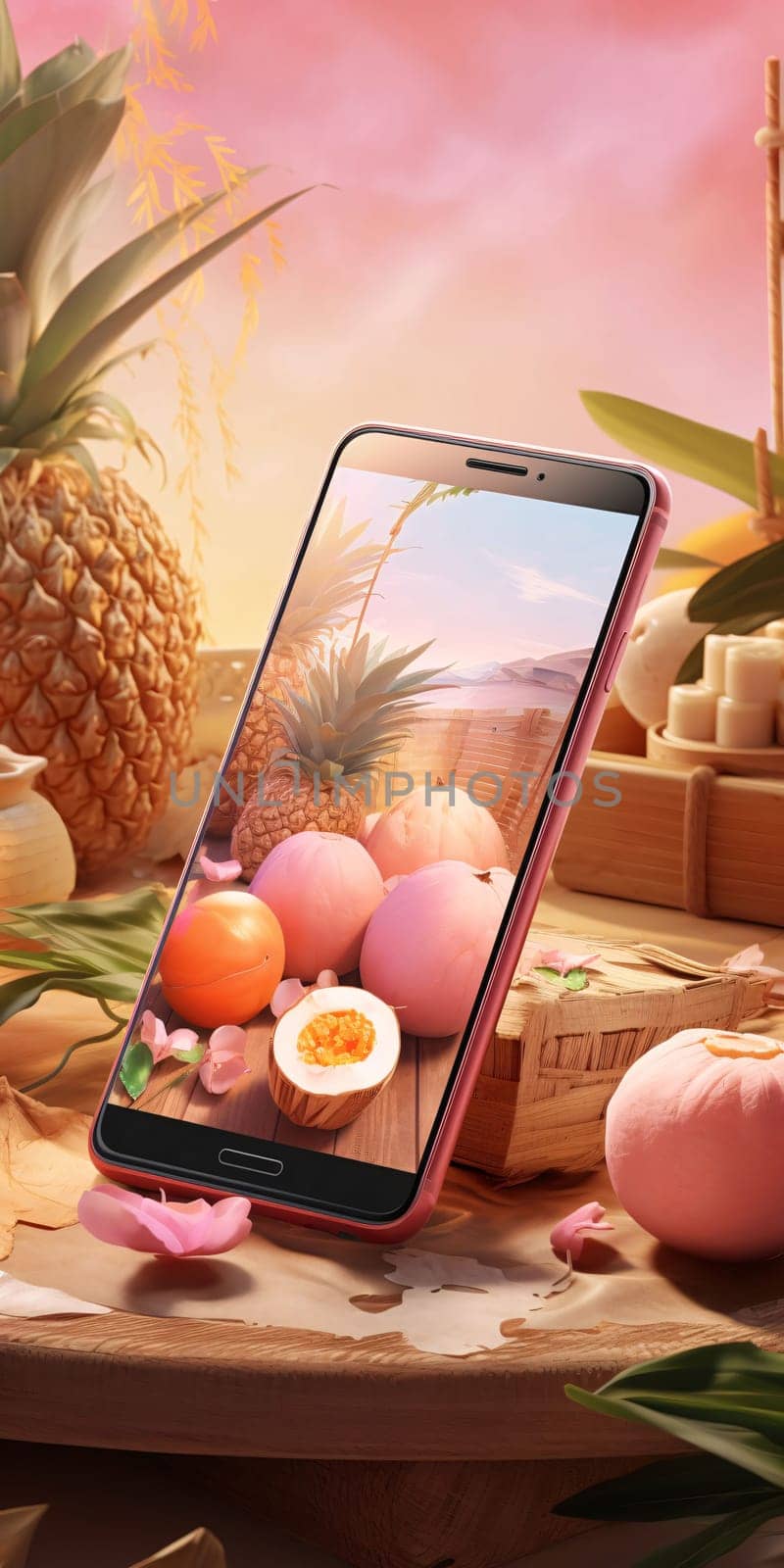 Smartphone screen: Smartphone with the image of tropical fruits on a wooden table.