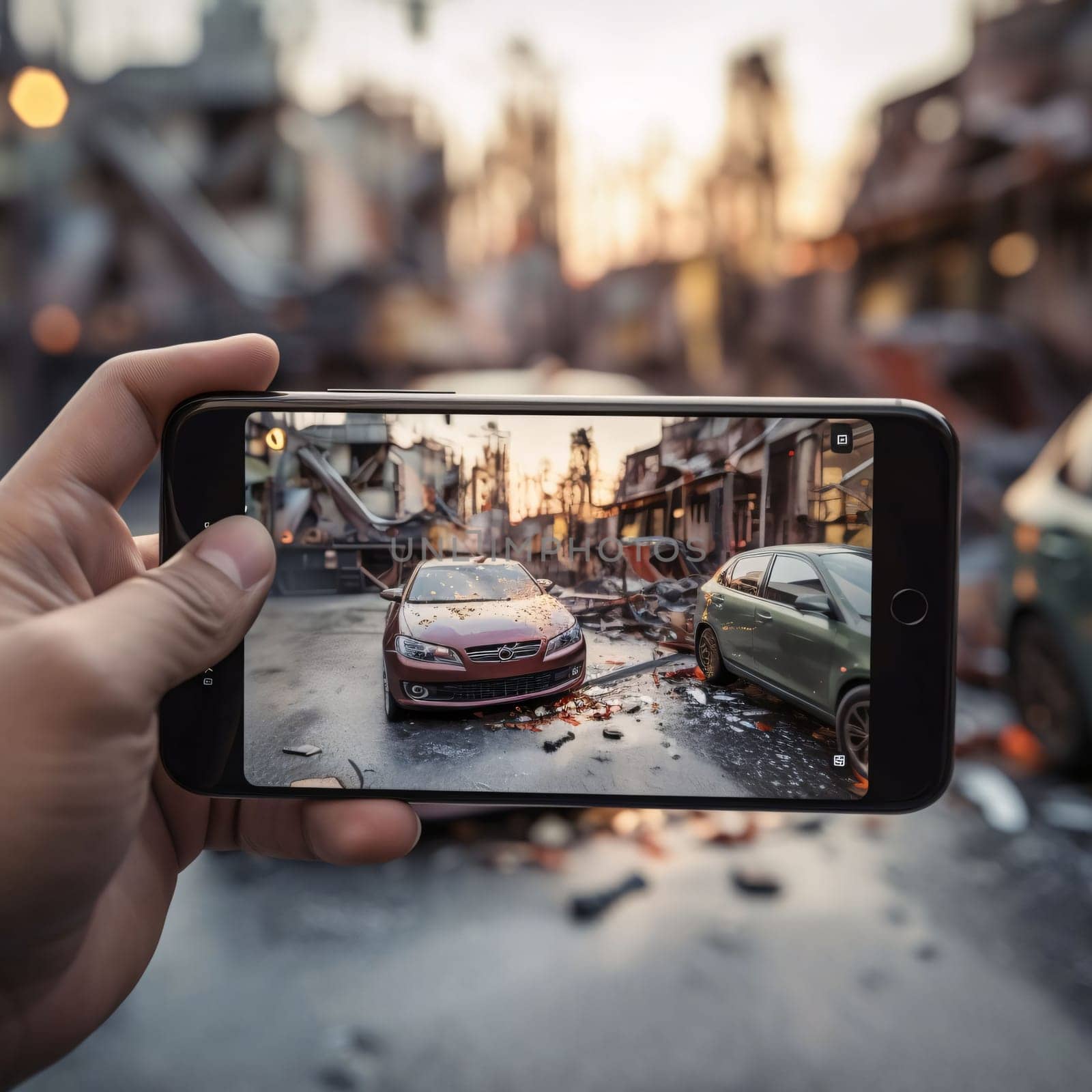 Smartphone screen: Taking a photo of a car accident with a smart phone in the city