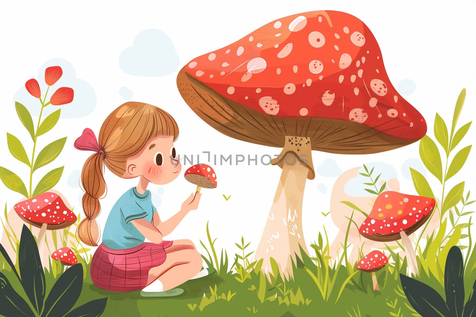 Curious Young Girl Exploring Giant Mushroom in Enchanted Forest at Daytime by Sd28DimoN_1976