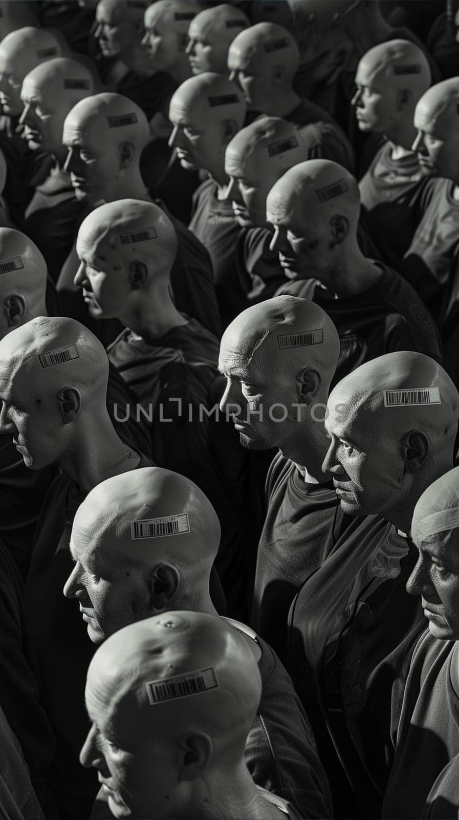 Large Gathering of Identical Bald Figures in Dark Attire Standing in Dim Light by Sd28DimoN_1976