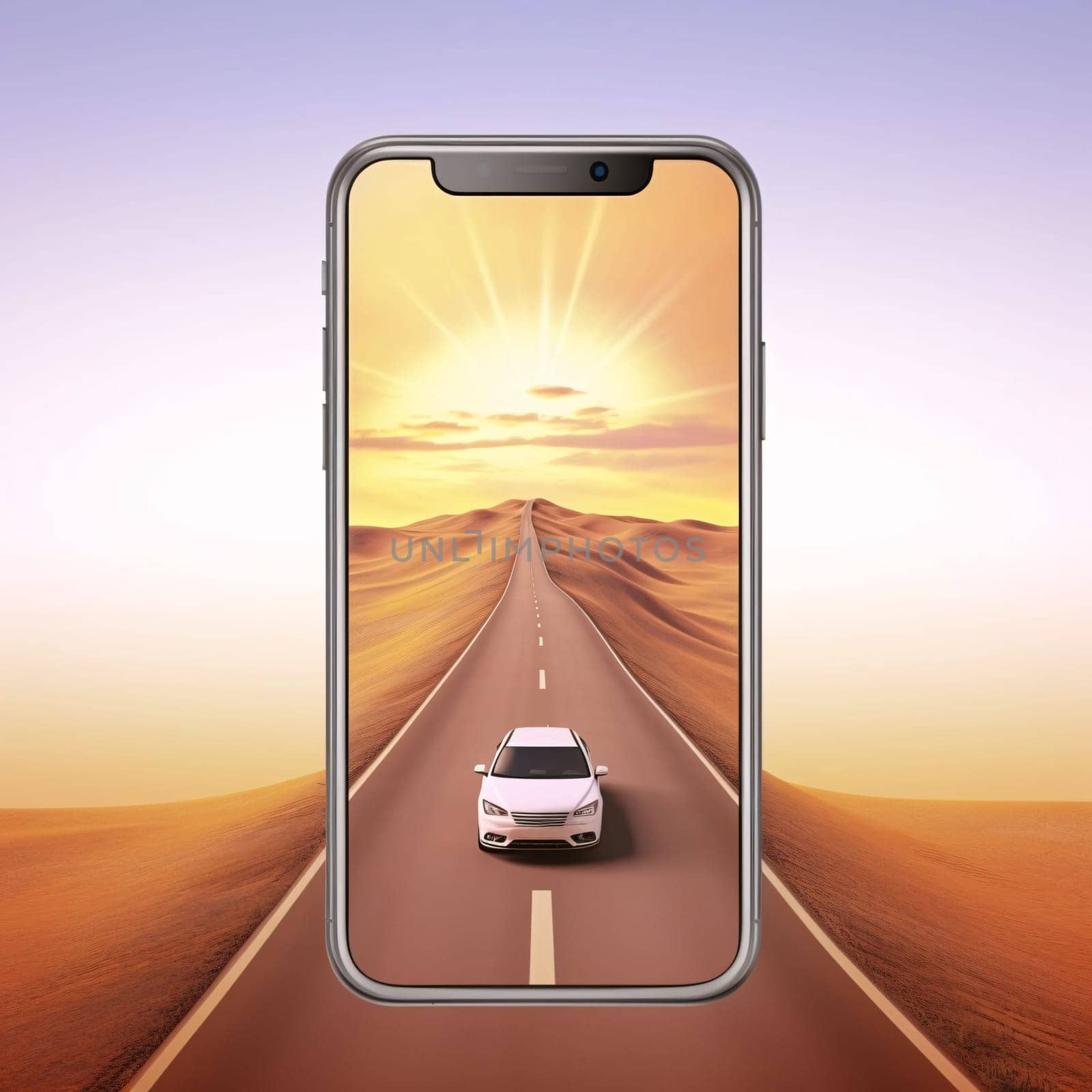 Smartphone screen: car on the road in the middle of the desert. 3d rendering
