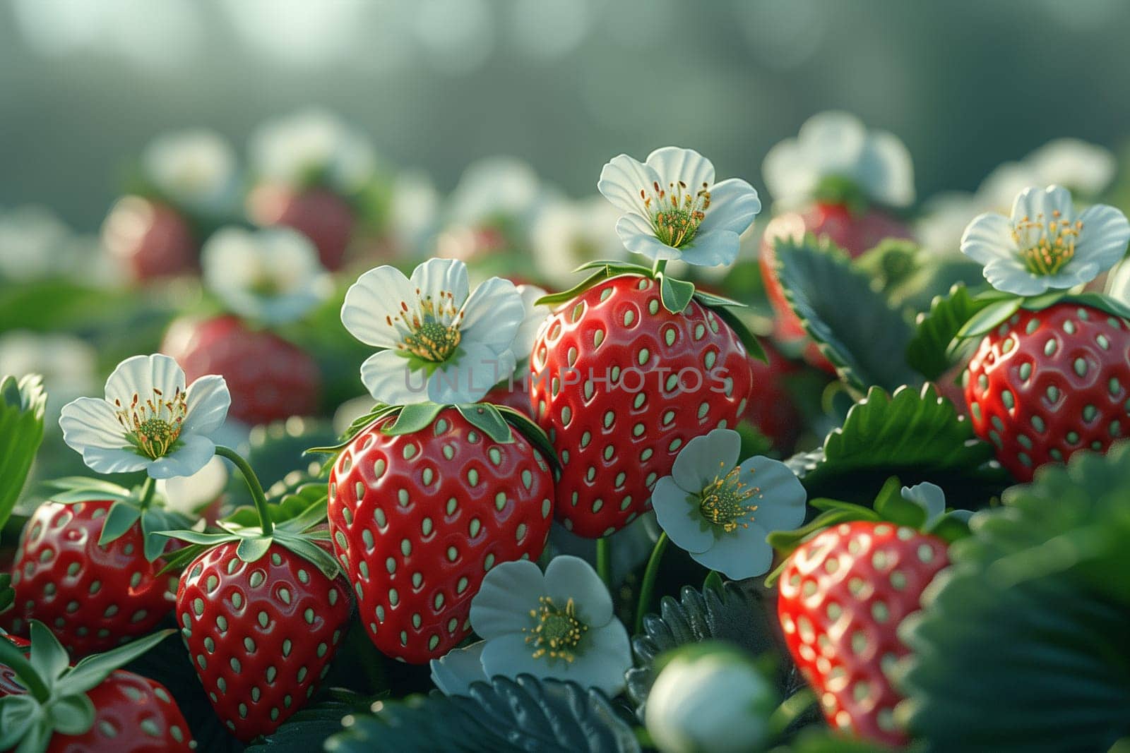 Multiple rows of strawberry plants with ripe red berries growing in a sunny field.
