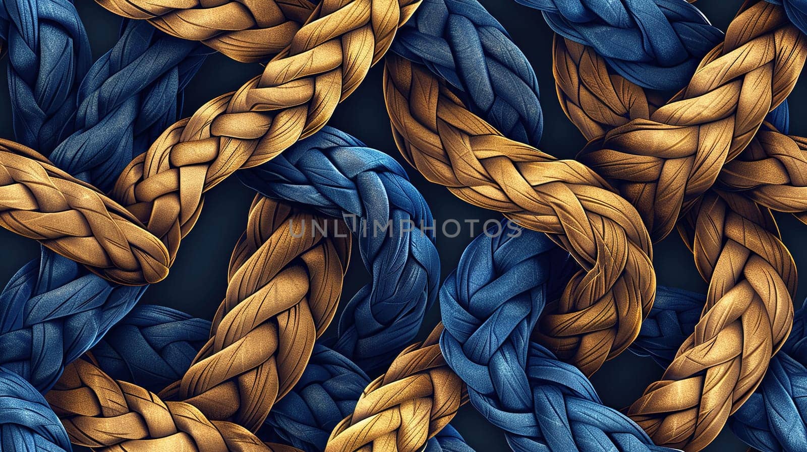 Horizontal background with rope texture. Interweaving blue and brown ropes. Generated by artificial intelligence by Vovmar