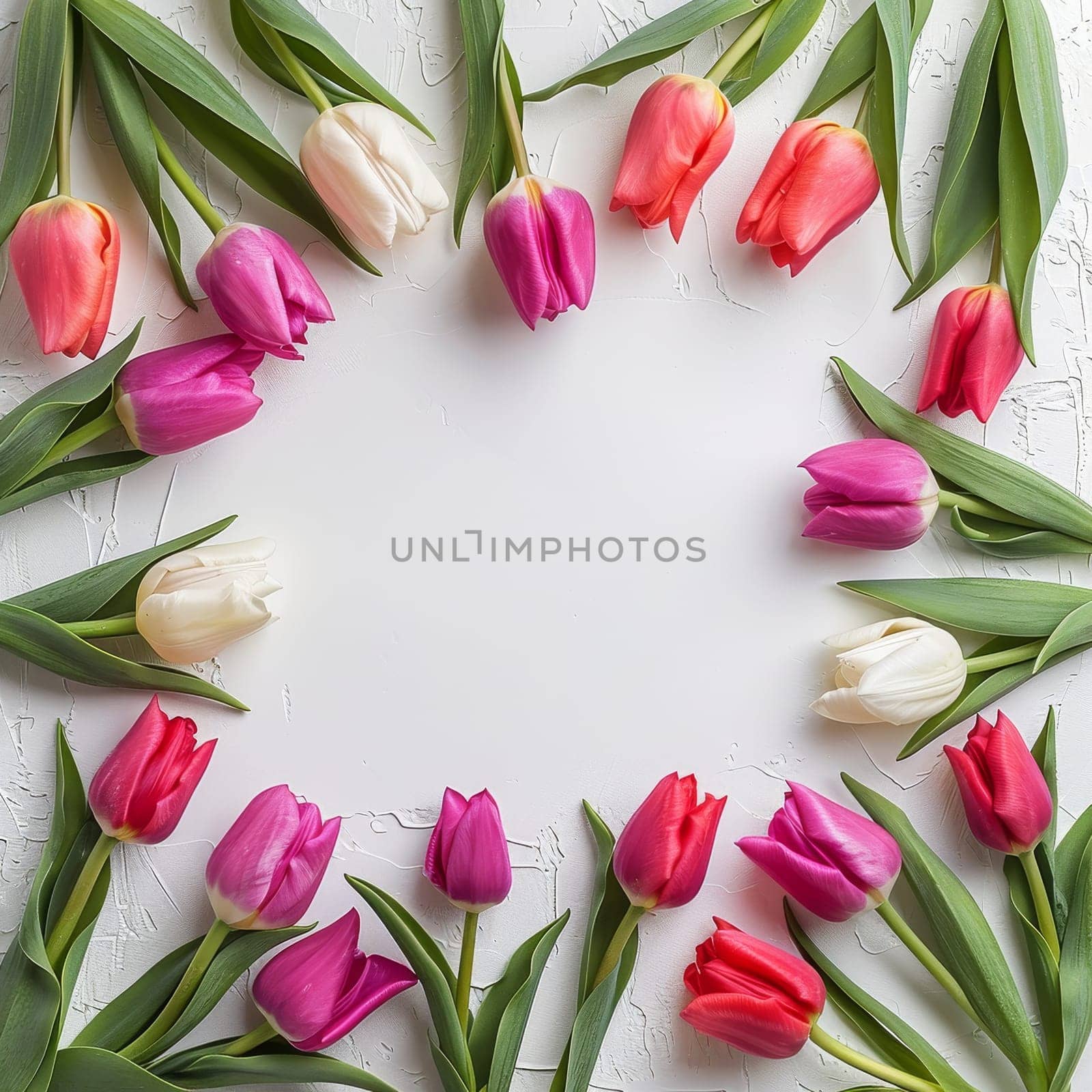 A bouquet of flowers with pink, white, and red tulips arranged in a circle. The flowers are surrounded by green stems, creating a beautiful and colorful display