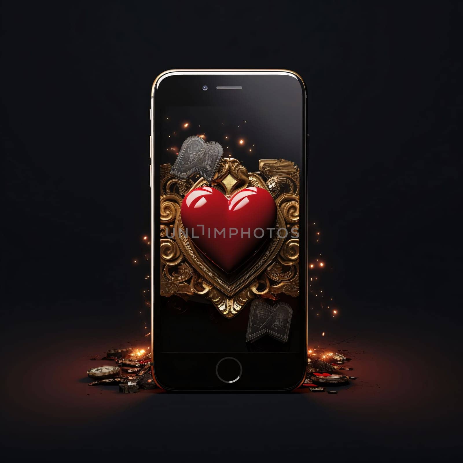 Smartphone screen: Smartphone with golden heart and keys on black background. 3d illustration