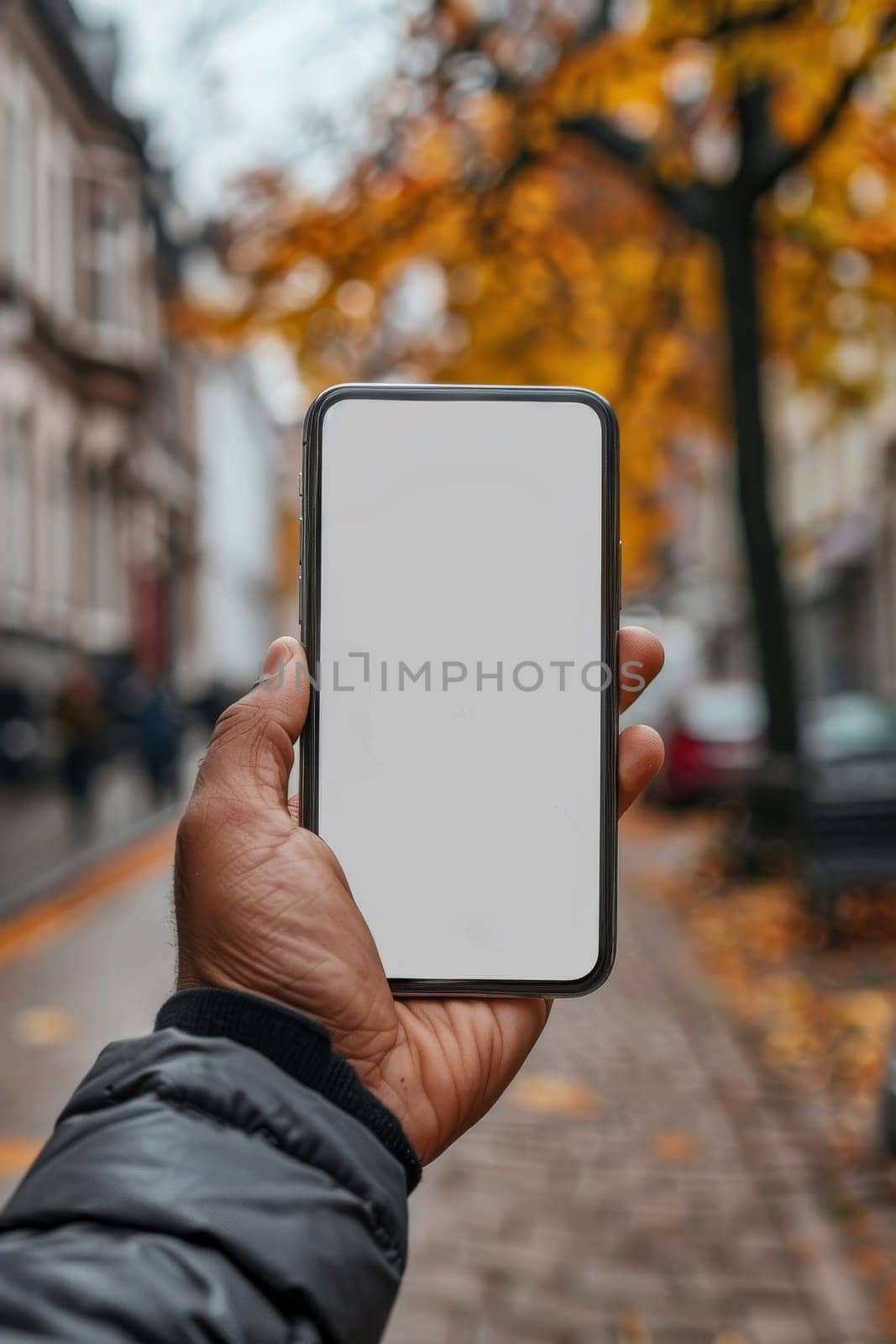 A person is holding a phone with a white screen. The phone is a new model and he is a high-end device