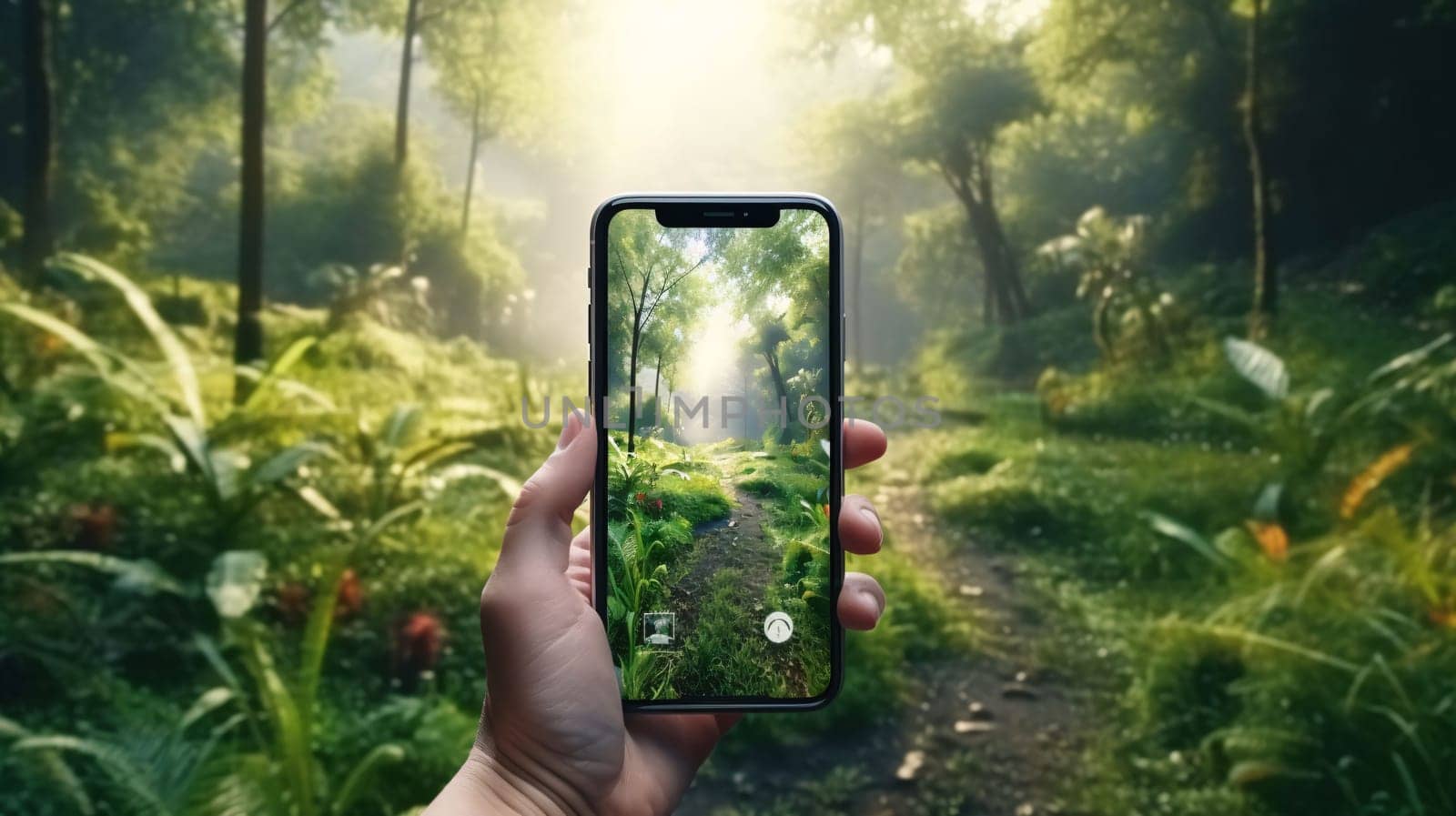 Smartphone screen: Woman taking a photo of nature in the forest with her smartphone.