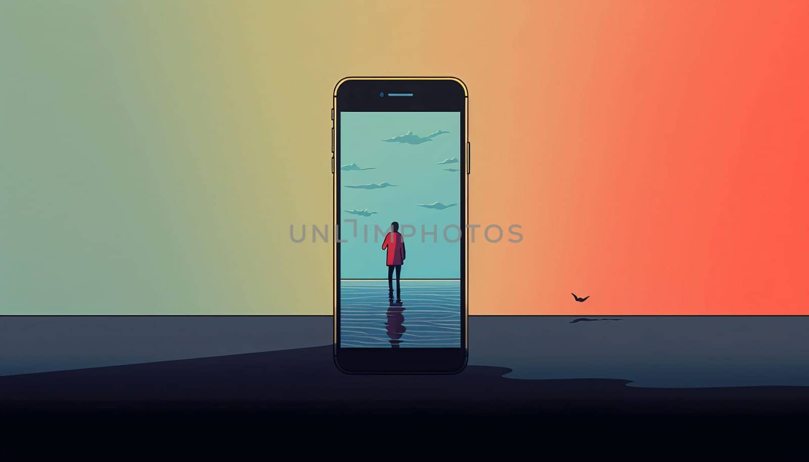 Smartphone screen: Illustration of a woman standing in front of a smartphone and looking at the sea