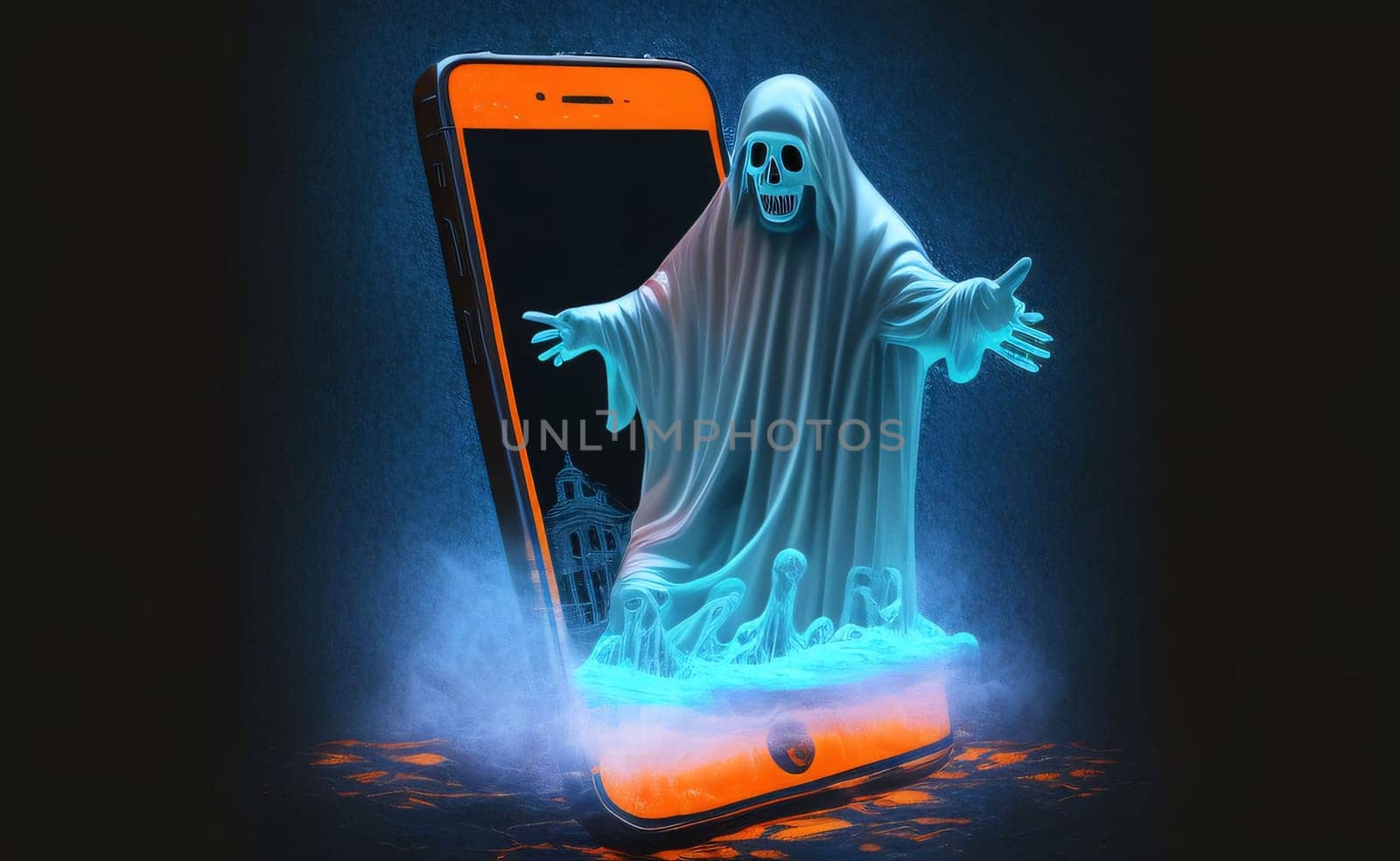 Ghost coming out of the smartphone screen. Halloween concept. 3D Rendering by ThemesS