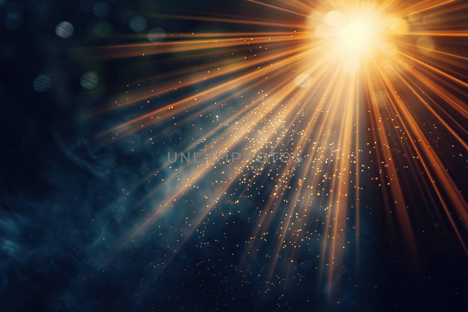 Solar flare with bright rays on a blurred background.