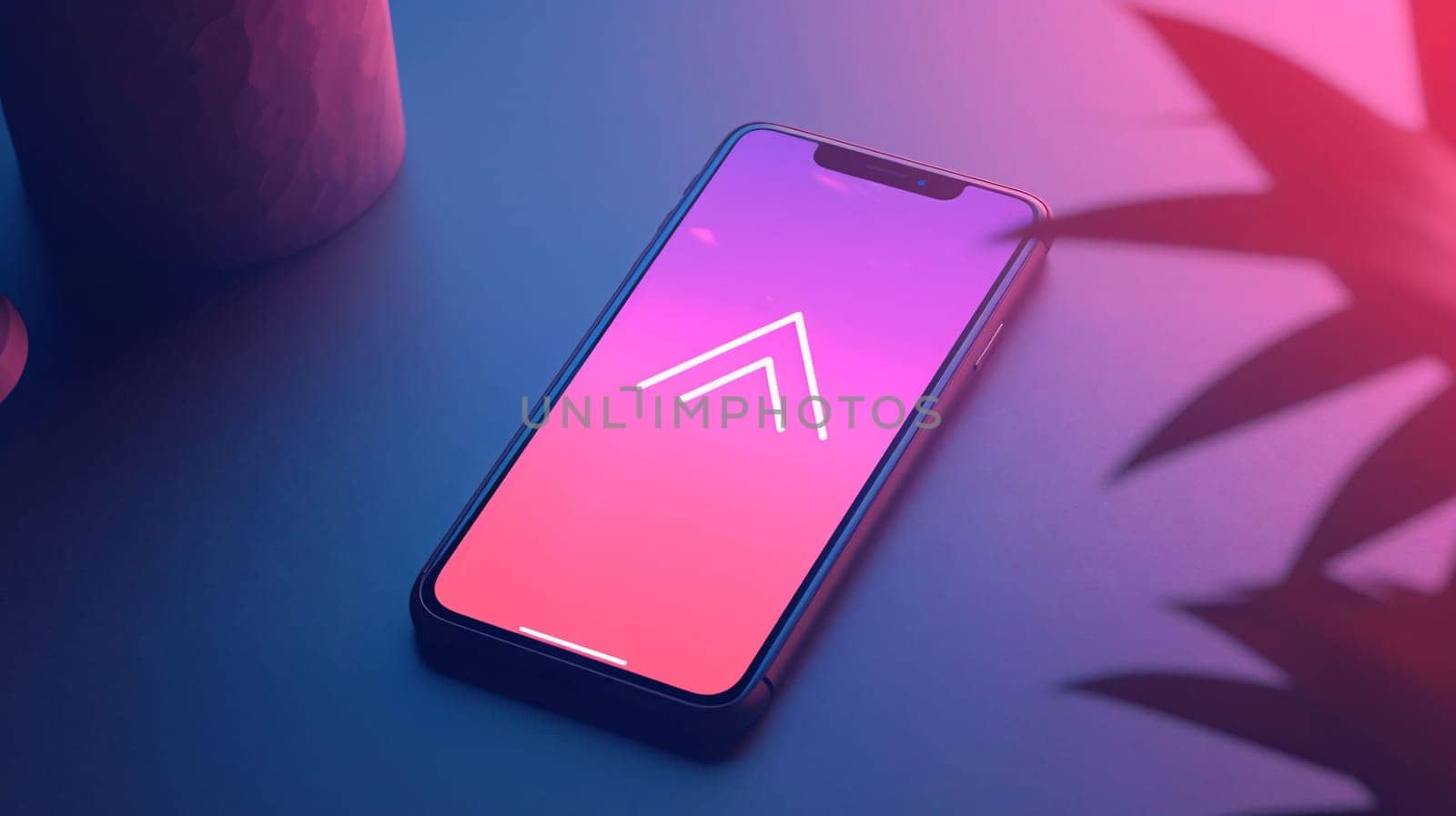 Smartphone screen: Smartphone mockup with up arrow on blue background. 3d rendering