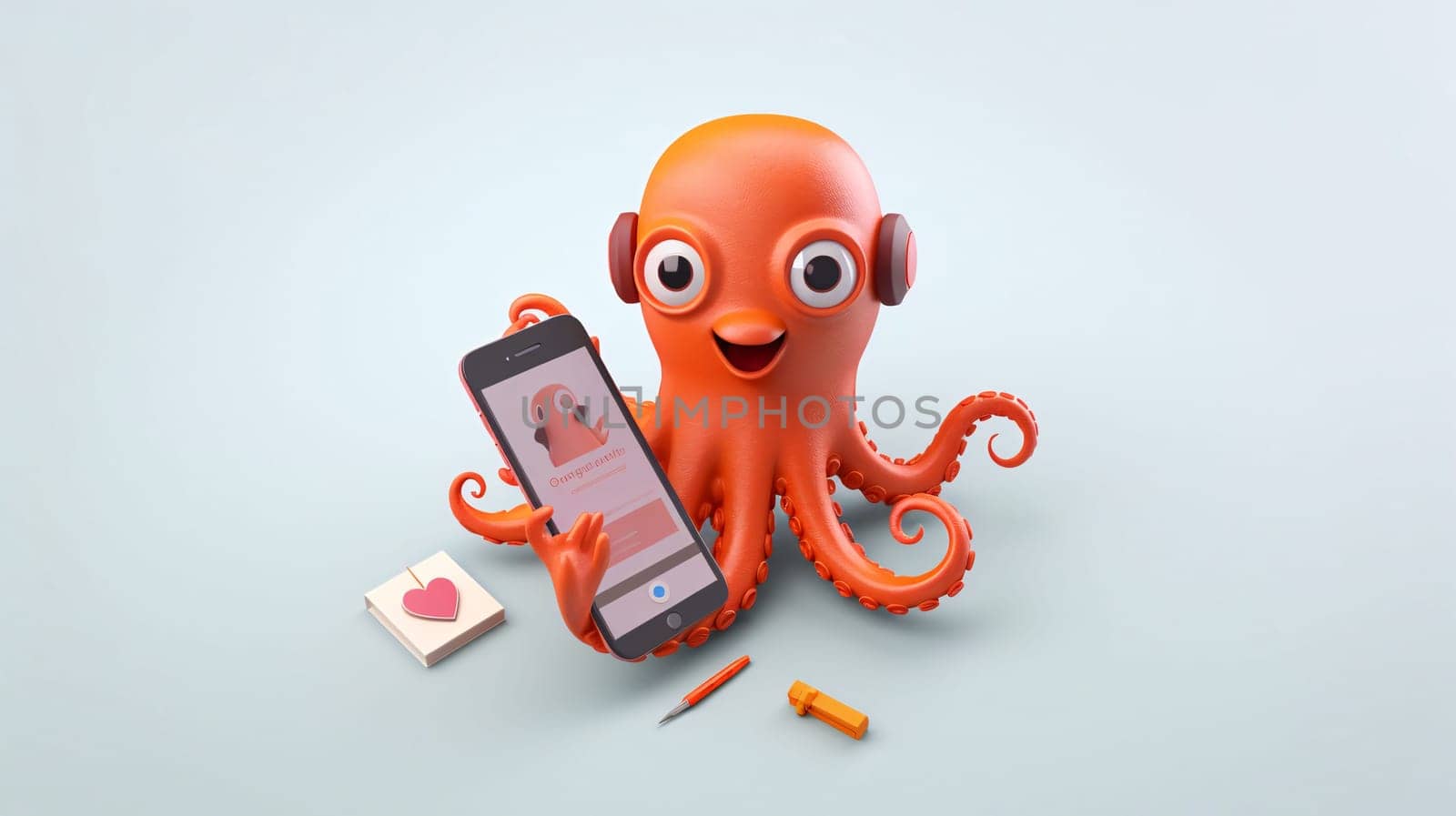 Octopus with mobile phone on white background. 3d illustration. by ThemesS