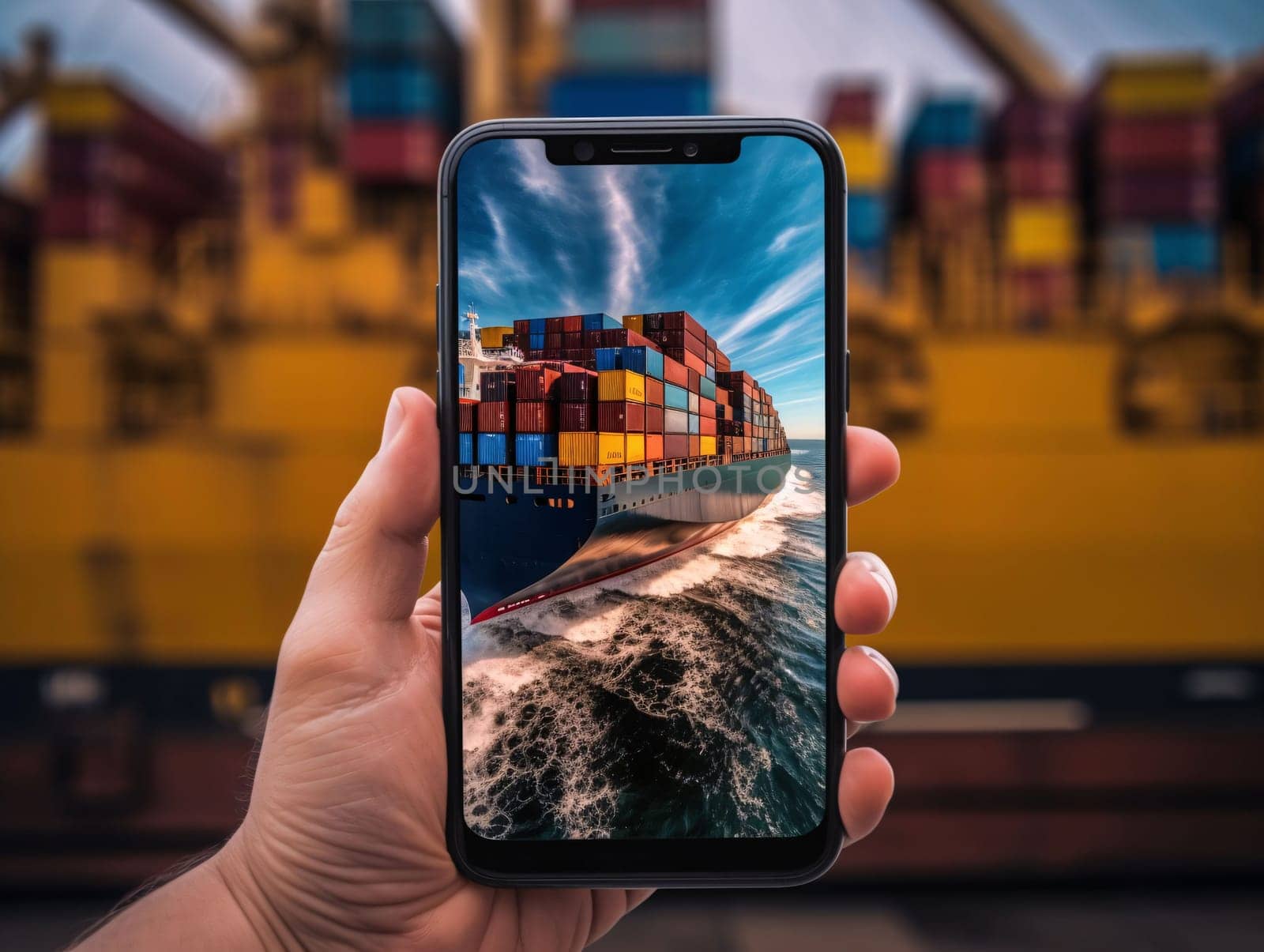 Smartphone screen: Smartphone in hand with container cargo ship background. Logistics and transportation concept.