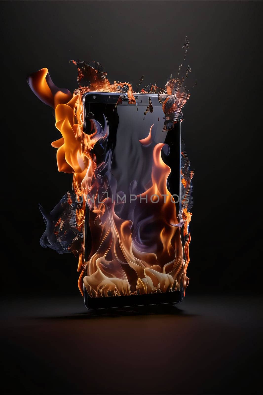 Smartphone with fire flames on a black background. 3d rendering by ThemesS