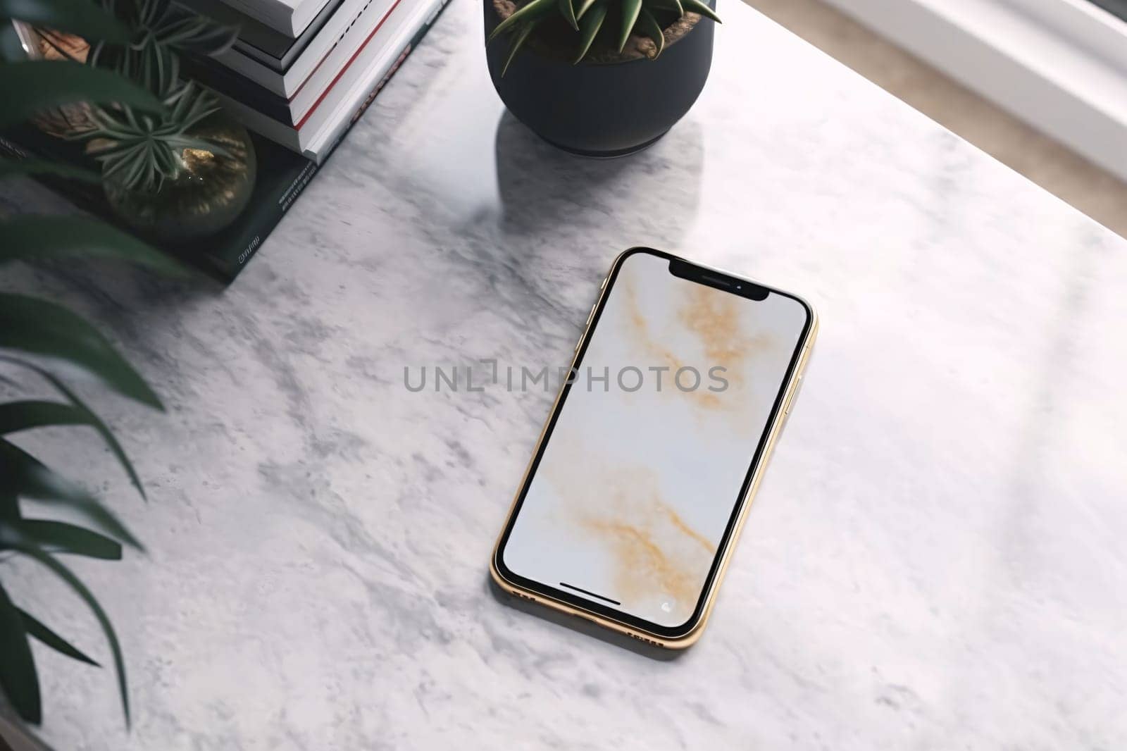 Modern smartphone with a blank screen placed on a marble surface beside houseplants and stacked books.