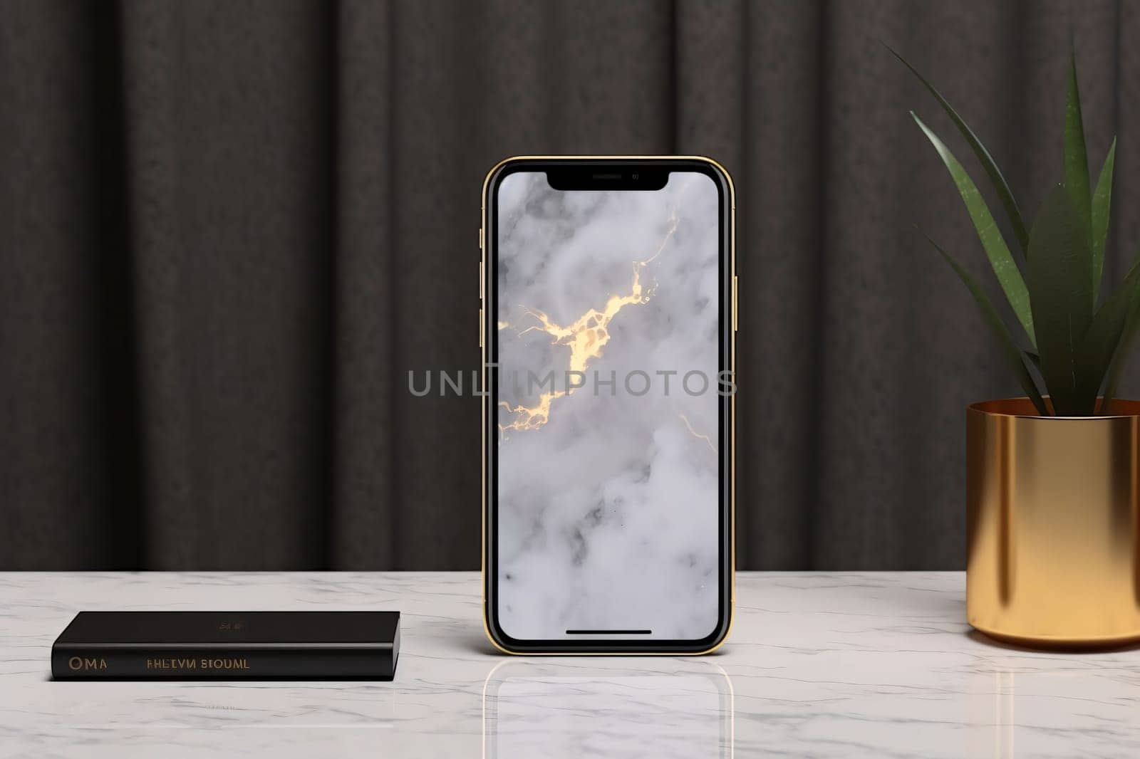 Smartphone screen: Smartphone with cracked screen on white marble table. 3d render