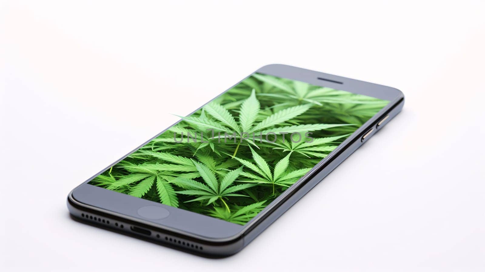 Smartphone with cannabis leaf on white background. The concept of legalization of the cannabis. by ThemesS