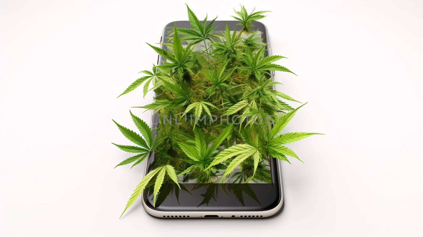 Mobile phone with cannabis on the white background. 3D illustration. by ThemesS