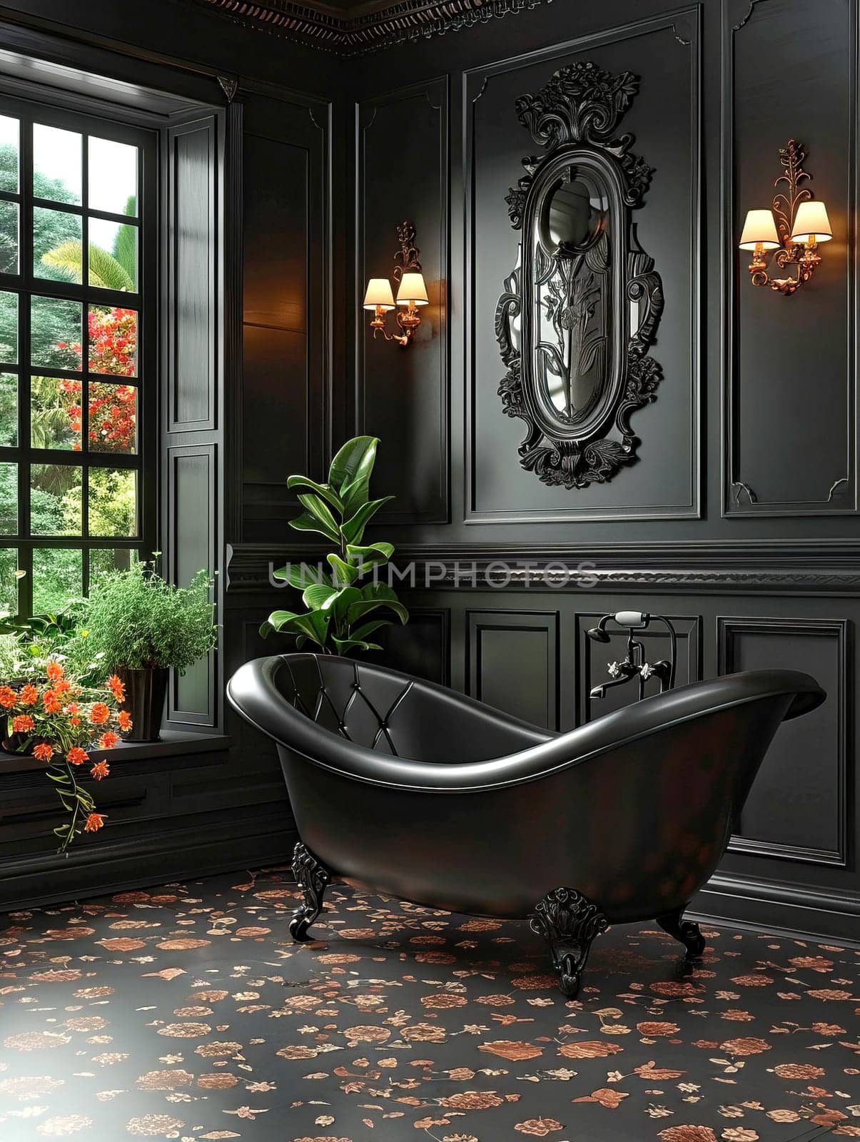 Modern bathroom interior with black walls and black bathtub.