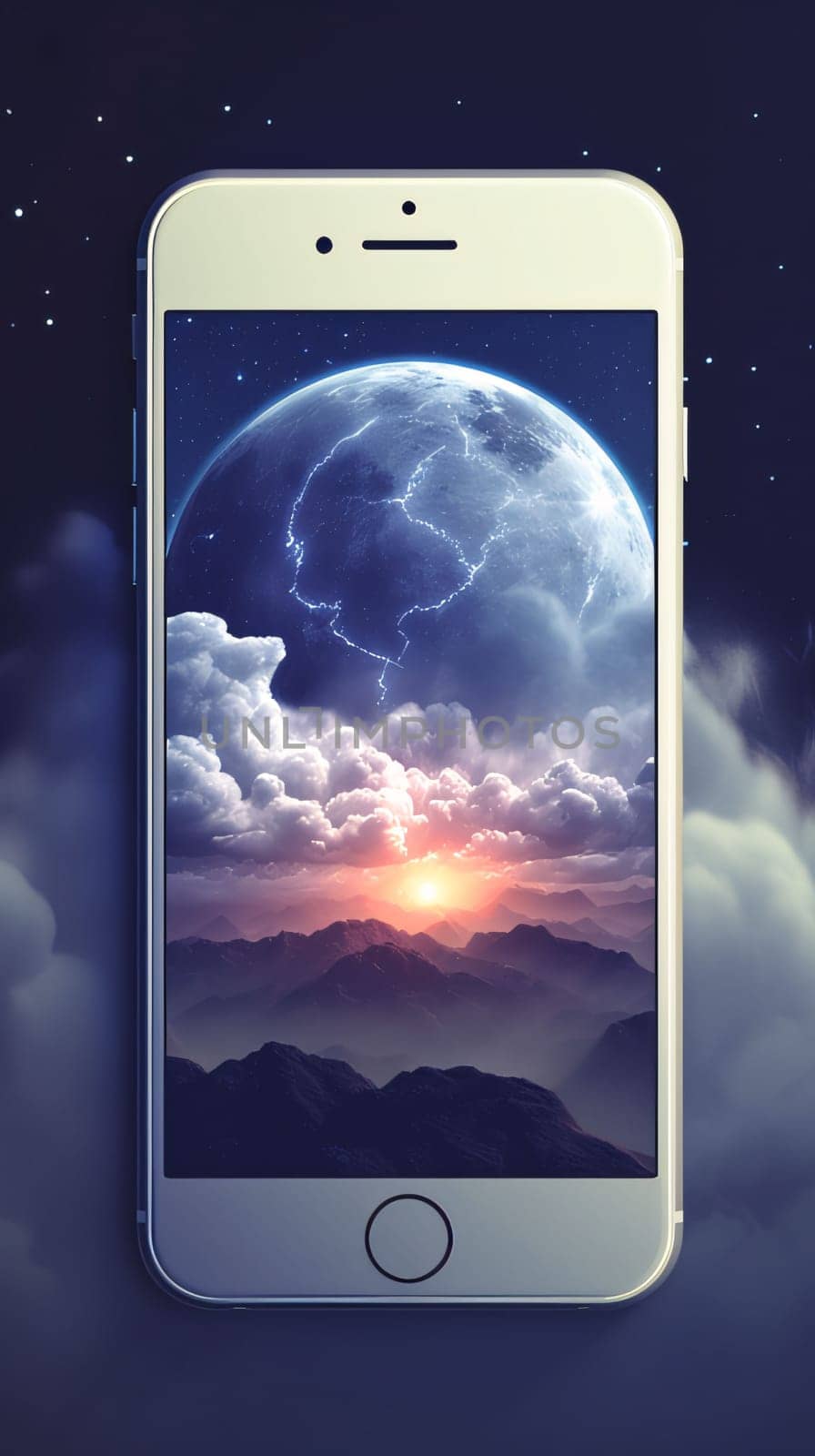 Mobile phone with full moon and clouds in the sky. 3d rendering by ThemesS