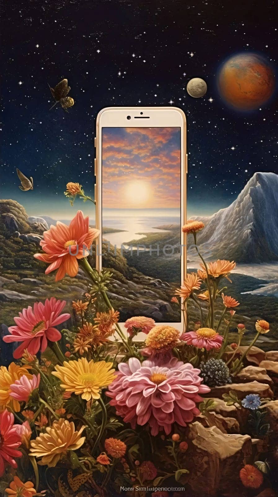 Mobile phone on the background of the landscape with flowers and planets. by ThemesS