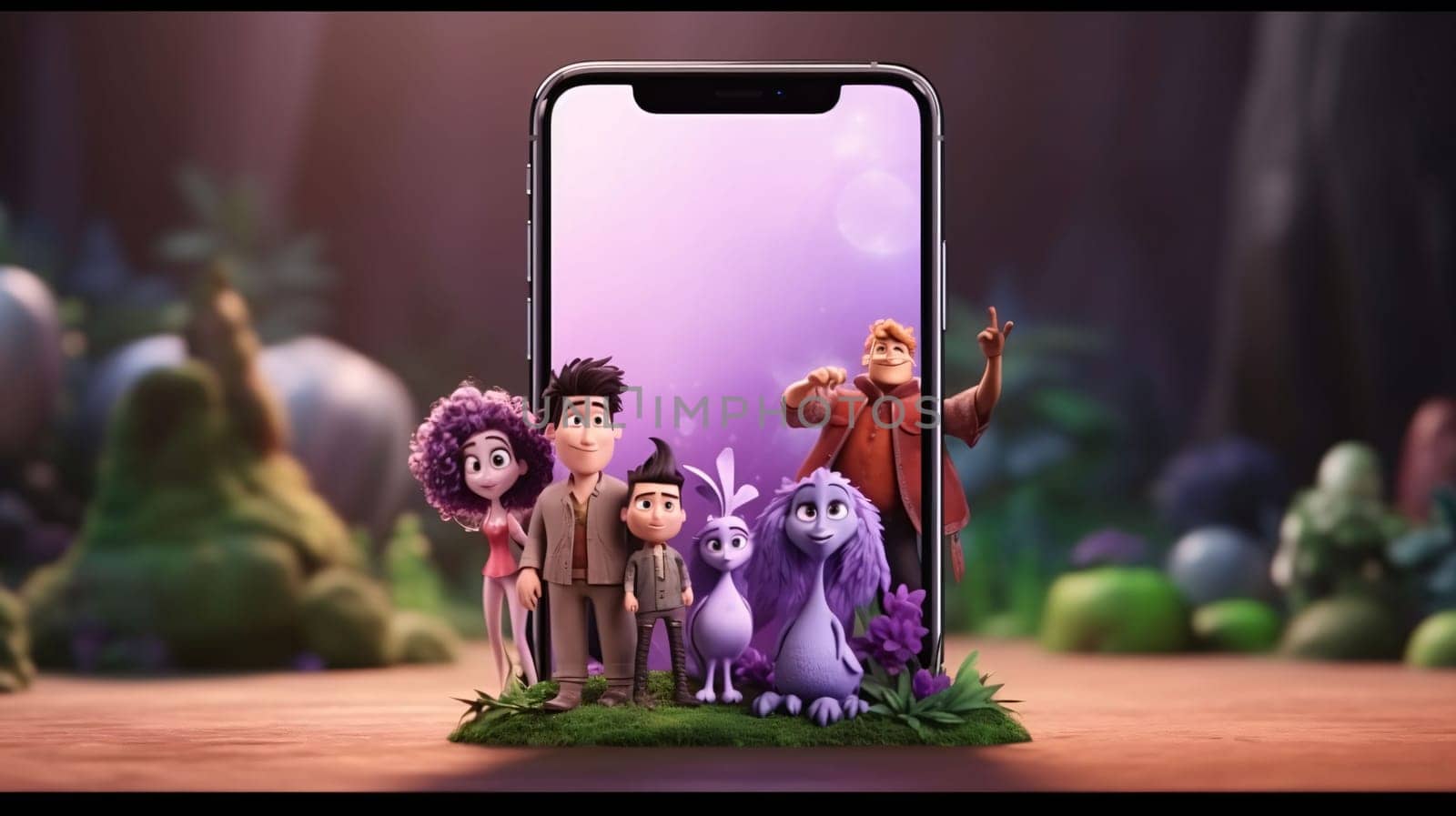 Smartphone screen: Smartphone with a group of people and monsters on the screen.