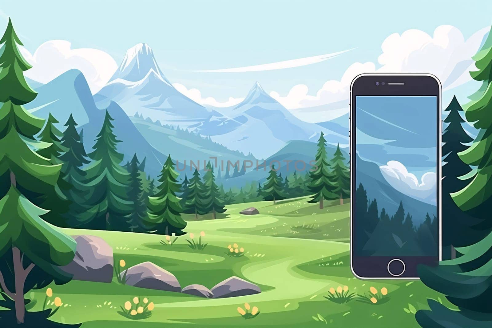 Mobile phone with blank screen in the mountain landscape. Vector illustration. by ThemesS