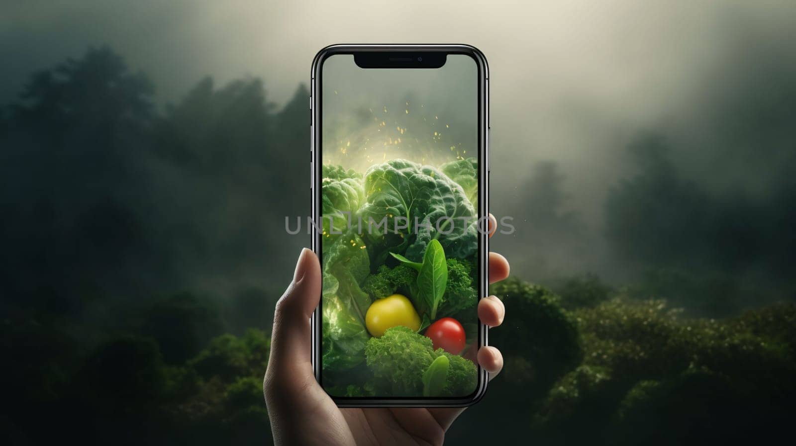 Vegetarian diet and healthy eating concept. Hand holding smartphone with fresh vegetables. by ThemesS