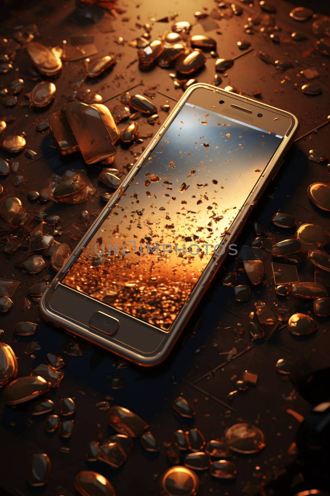 Smartphone screen: Broken mobile phone on the background of golden coins. 3d rendering