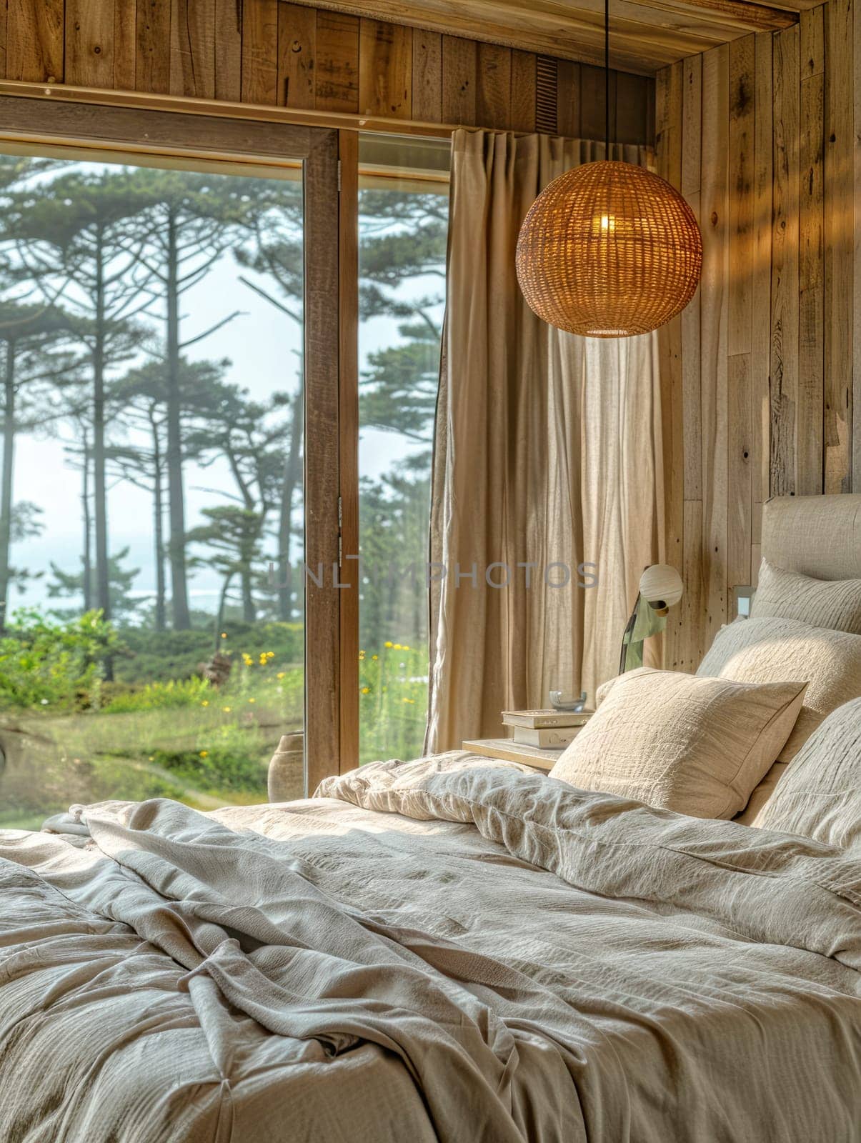 Contemporary bedroom with coastal view.