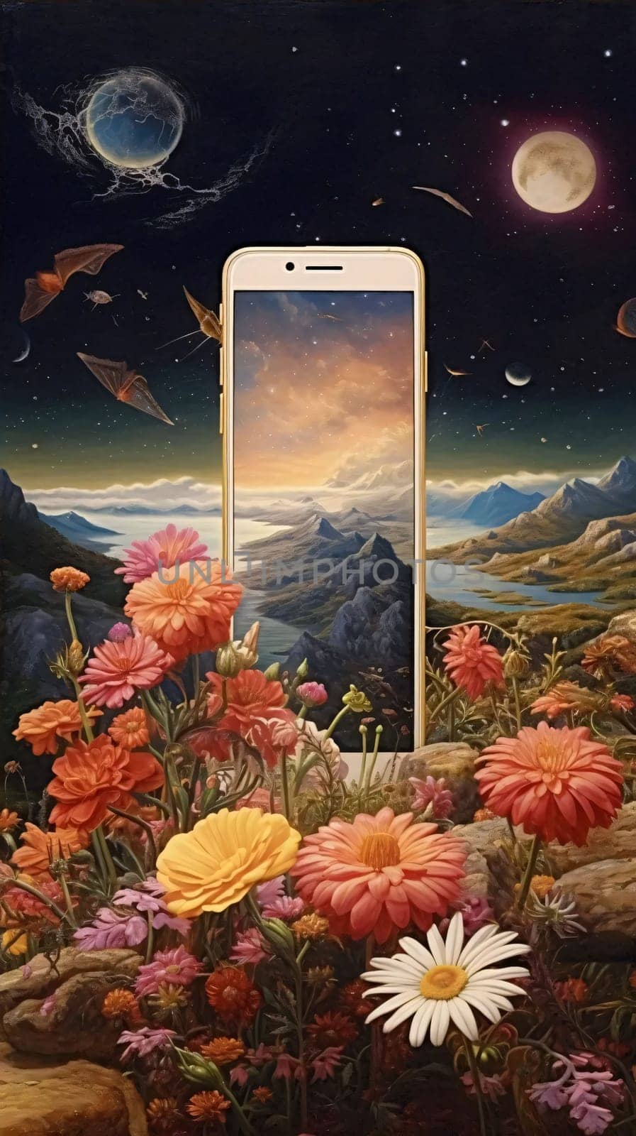 Smartphone screen: Mobile phone on the background of the night landscape with flowers and moon