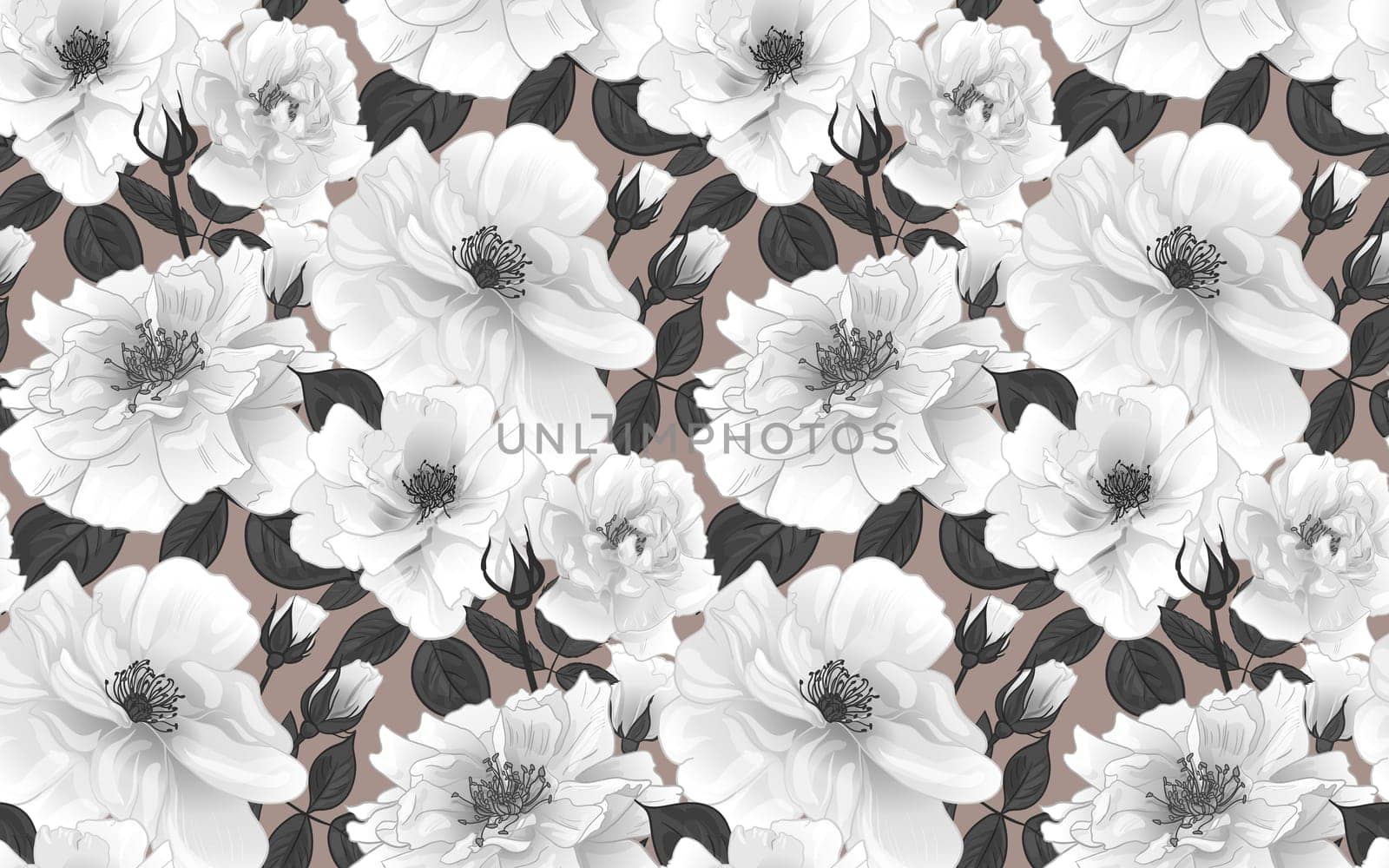 Seamless floral black and white pattern for women with roses for surface design beautiful fabric and textile manufacturing stationery and packaging