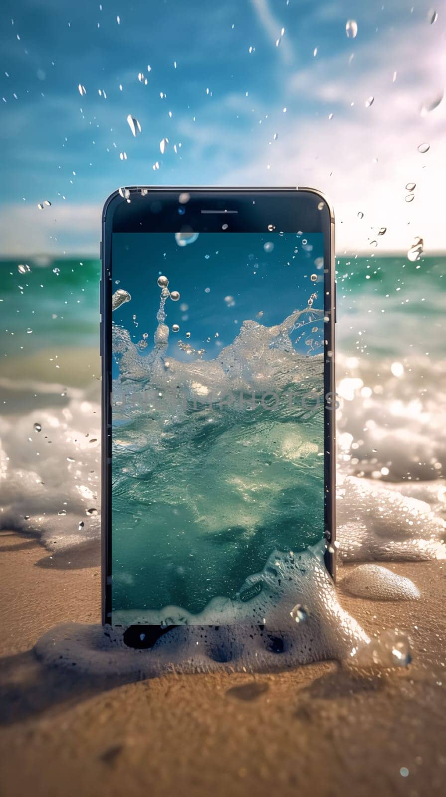 Mobile phone with splash of water on the beach. 3d rendering by ThemesS