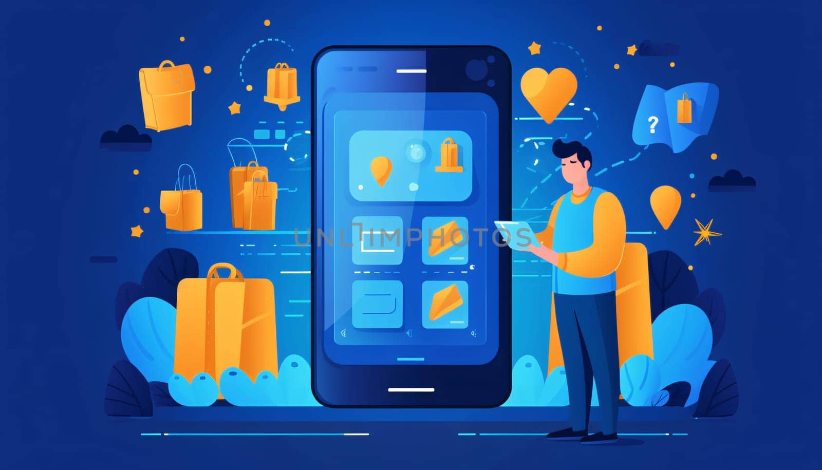 Smartphone screen: Online shopping concept in flat style. Man with tablet and bags on blue background. Vector illustration.