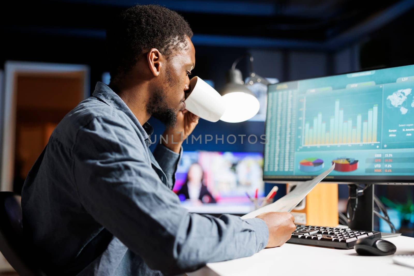 Legal expert analyzing capital funds documents at home, working with monthly earnings balance. African american accountant checking economic strategy to increase business revenue.