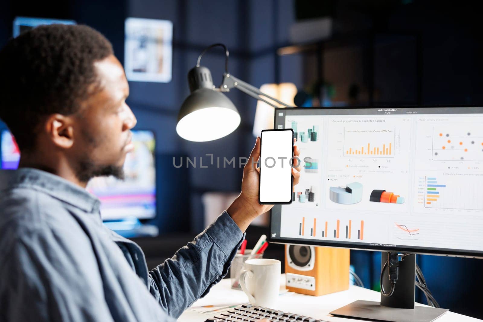 Male analyst looking at white screen on smartphone app, preparing to create new financial report for accounting team. Employee working with business statistics and blank template display.