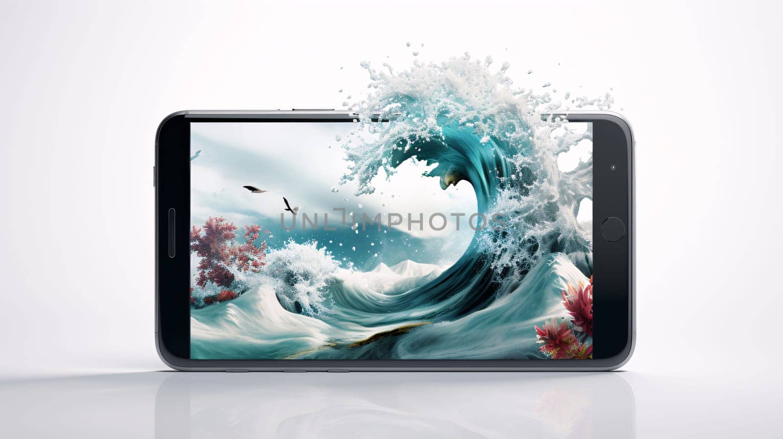 Smartphone screen: Smartphone with sea waves in the screen on a white background.