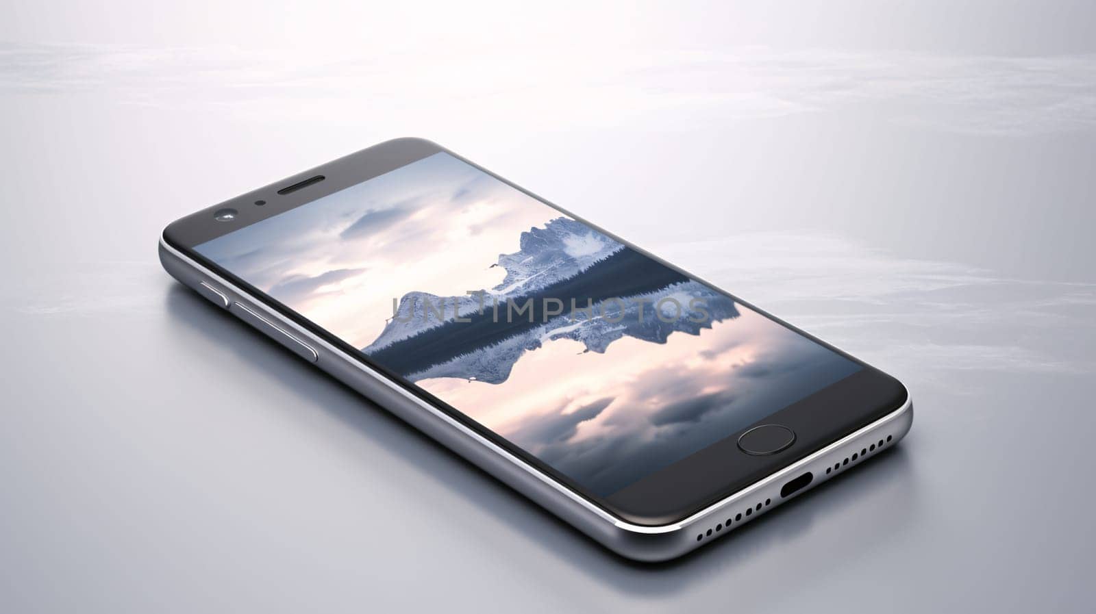 Smartphone screen: Smartphone on white background. 3d render. Mobile phone with blue sky.