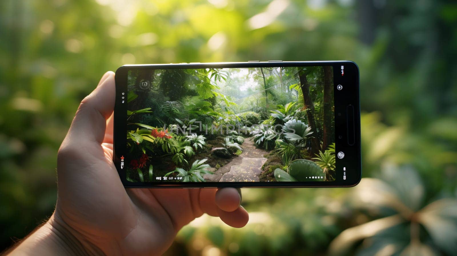 Smartphone screen: Hands holding smartphone taking photo of tropical garden with green plants.